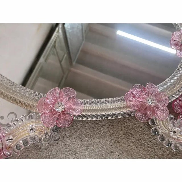 Italian Venetian Oval Pink Floral Mirror in Hand-Carved Murano Glass Style by Simoeng for Simoeng For Sale - Image 6 of 7