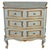 Charming small-scale French-style painted commode featuring a softly distressed pale blue finish with warm gilt detailing...