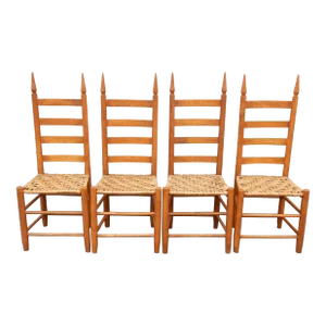 Antique Pennsylvania Shaker Style Tall Ladderback & Rush Dining Chair Set
