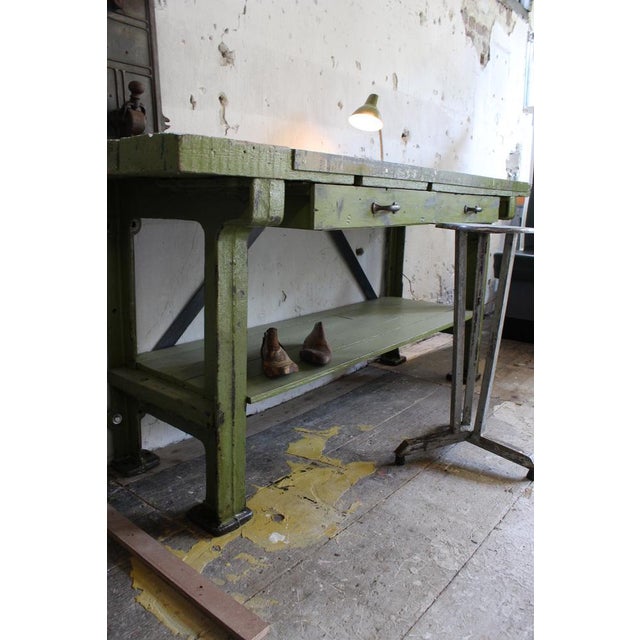 Chartreuse Antique Industrial Oak and Cast Iron Workbench with Drawers, France, 1900s For Sale - Image 8 of 9