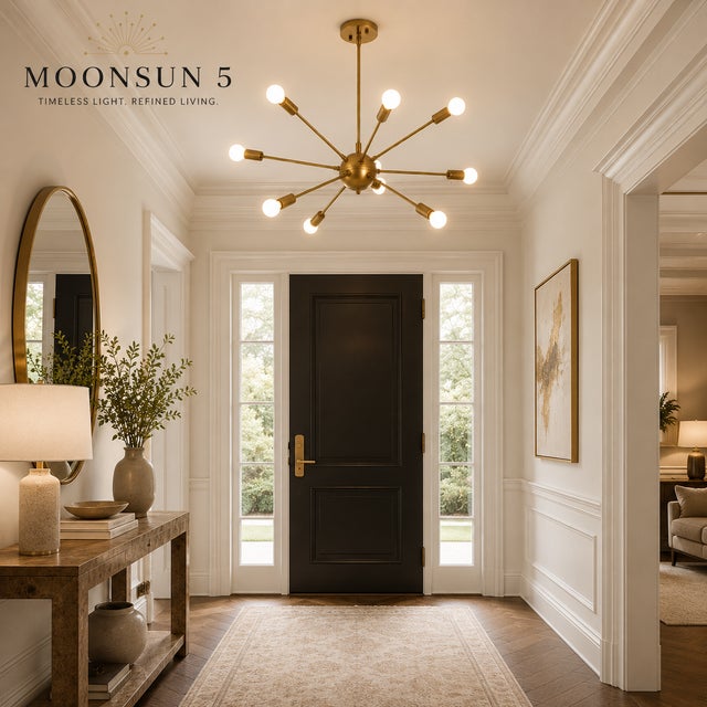 Modern Brass Chandelier With 8 Arms, Contemporary Lighting Fixture, Ceiling Light, Living Room or Dining Room Decor, Stylish and Elegant For Sale - Image 16 of 16