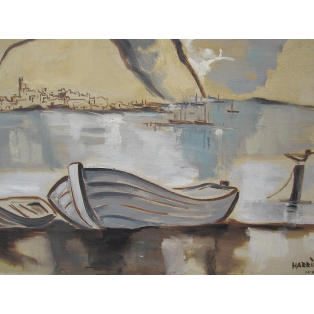 Mid-Century Modern Harrison Mid-Century Abstract Harbor / Fishing Boats — Signed Oil on Canvas, Framed (51" X 39") For Sale - Image 3 of 9