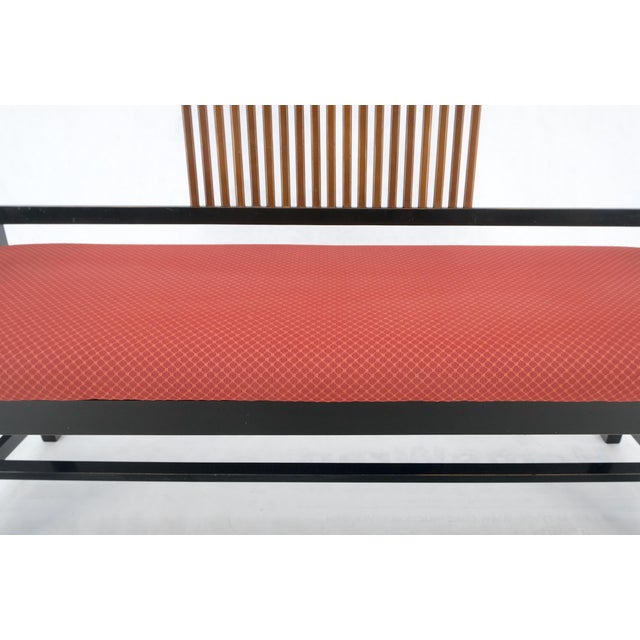 Vintage Black Lacquer Red Upholstery Bench w/ Arms Slotted Back MINT For Sale - Image 6 of 11