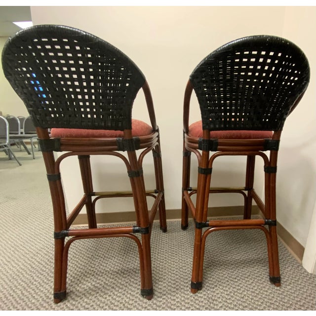 Palecek Suzani Upholstered Rattan and Woven Leather Barstools a Pair