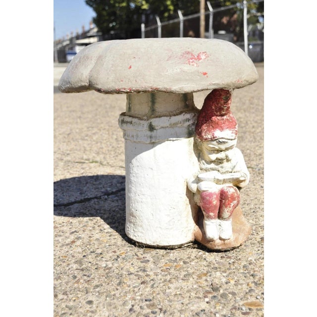 White Vintage Figural Elf Under Mushroom Cement Concrete Garden Stool Seat For Sale - Image 8 of 8