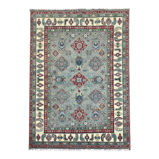 Blue-Gray Kazak Wool Tribal Area Rug, Natural Dye, 6'4" X 9'8" For Sale