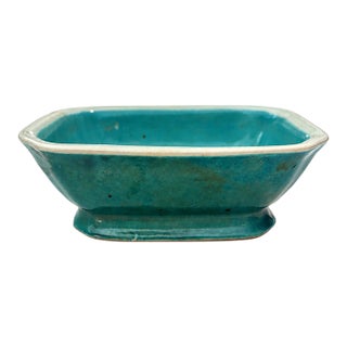 Vintage Blue Ceramic Oversized Pedestal Soap Dish For Sale