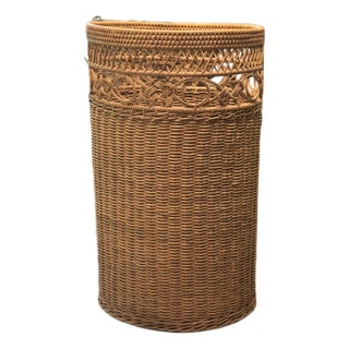 Vintage Palm Beach Style Handwoven Rattan Umbrella Stand or Cane Holder With Decorative Openwork Knot Motif For Sale