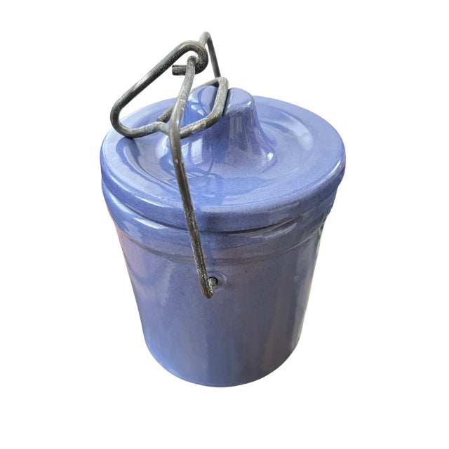 Ceramic Vintage French Country Periwinkle Blue Ceramic Lidded Canister & Striped Spoon After Digoin Sarreguemines For Sale - Image 7 of 13