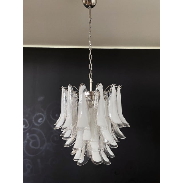 Huge Italian vintage Murano chandelier made by 41 glass petals (transparent and white “lattimo”) in a chrome frame....