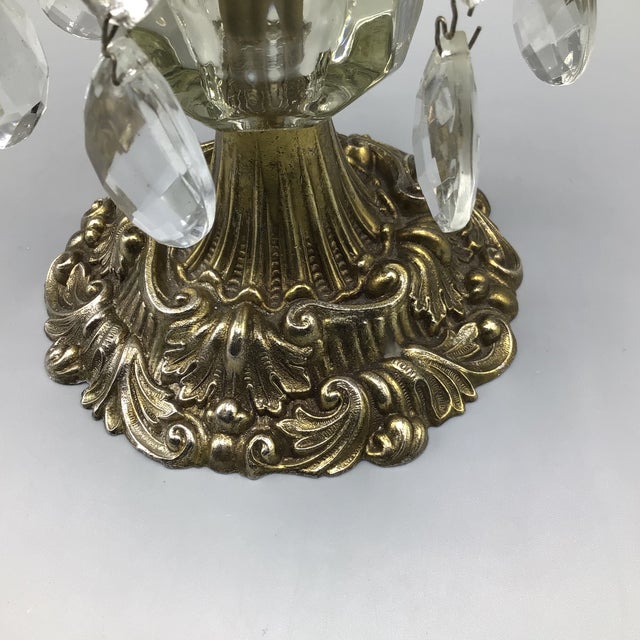 Metal Hurricane Candle Holder Brass Base and Crystal Bowl With Hanging Crystals For Sale - Image 7 of 12