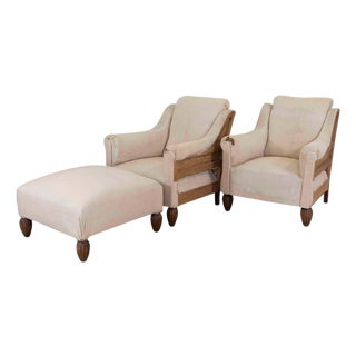 Pair of 20th Century Art Deco Club Chairs with Matching Stool, To Upholster For Sale