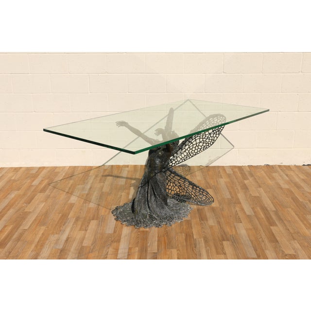 Art Nouveau Vintage Sculptural Bronze Fairy Dining Table With Glass Top | Figural Art Nouveau Style Base, Circa 1990s For Sale - Image 3 of 18