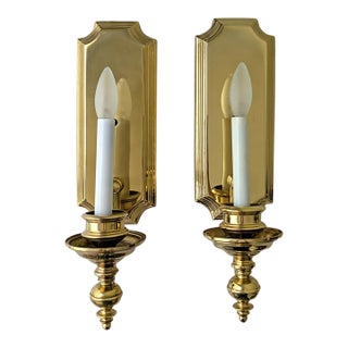 Vintage Polished Brass Electric Candlestick Wall Sconces, a Pair For Sale