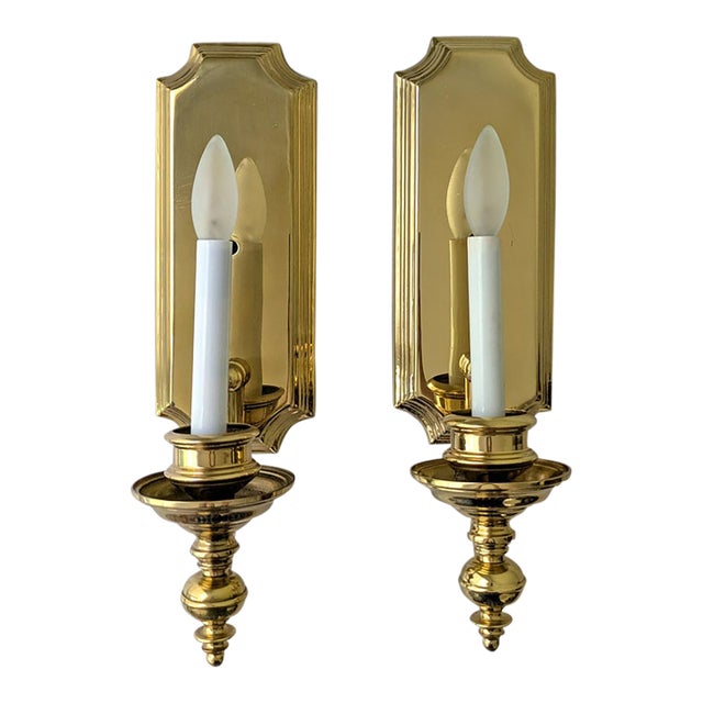 Vintage Polished Brass Electric Candlestick Wall Sconces, a Pair For Sale