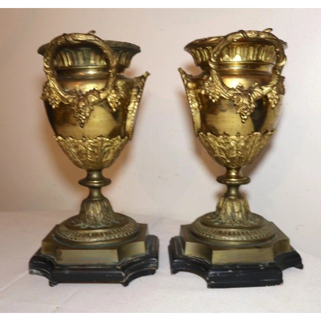 Bronze 1930s Pair of Antique Ornate Gilt Bronze Porcelain Painting Urn Vase Garniture Ewer For Sale - Image 8 of 12