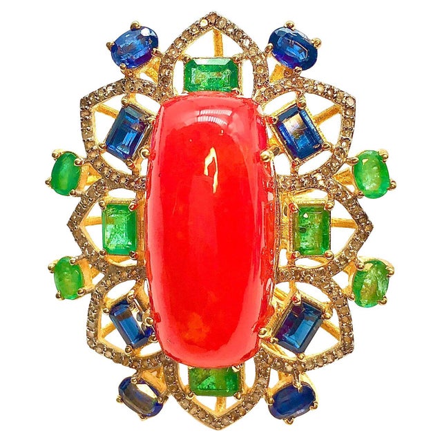 Bochic "Orient" Vintage Orange Opal, Emerald, Kyanite & Diamond Ring Set In 18K For Sale - Image 15 of 18