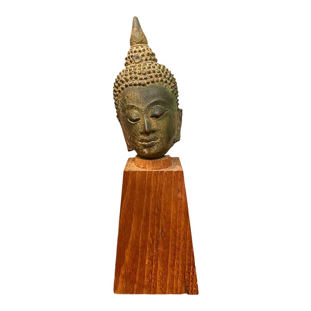 Antique Thai Bronze Buddha Head Statue Ayutthaya Rattanakosin Style on Stand 8" For Sale