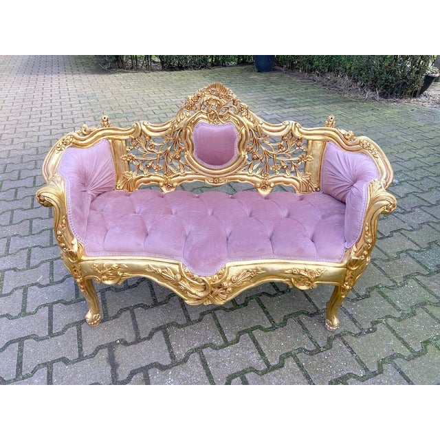 Late 20thC French Louis XVI Rose Velvet Gilt Beech Settee For Sale - Image 4 of 10