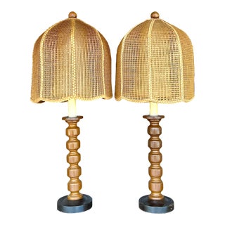 Vintage 70s Woven Rattan Scallop Lamps - a Pair For Sale