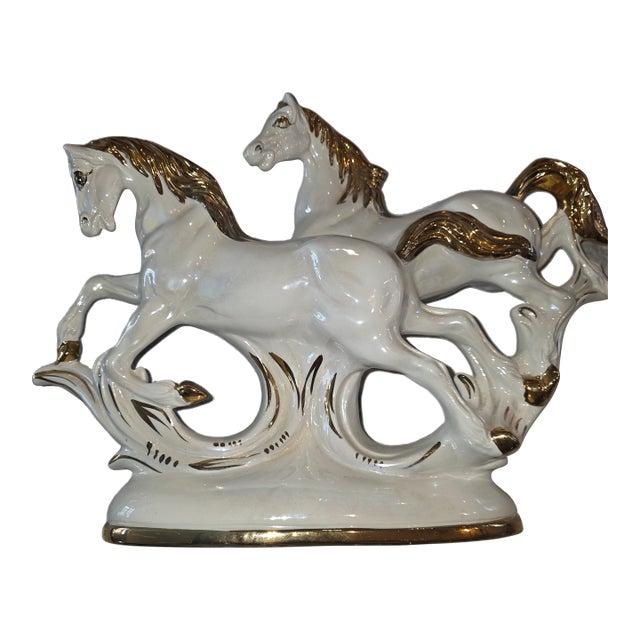 Italian#231 Mid-Century 2 White/ Gold Color Horses Galloping For Sale