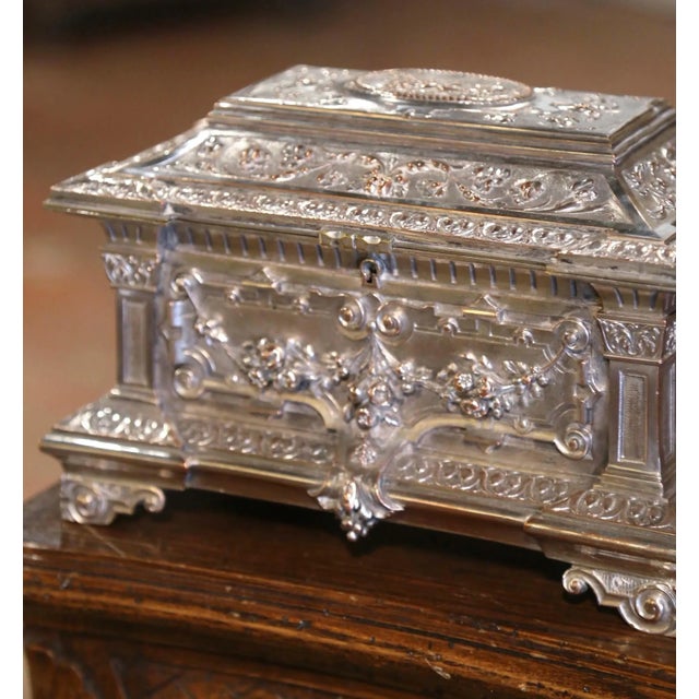 French 19th Century French Silver Plated Over Bronze Jewelry Box With Repousse Motifs For Sale - Image 3 of 10