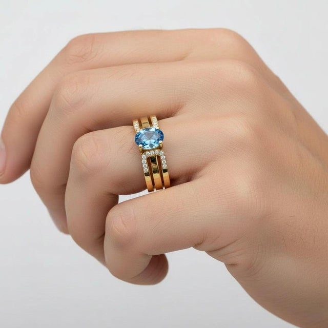 Split Shank Oval Topaz Engagement Silver, Gold Ring, Size 9.5 For Sale - Image 4 of 7