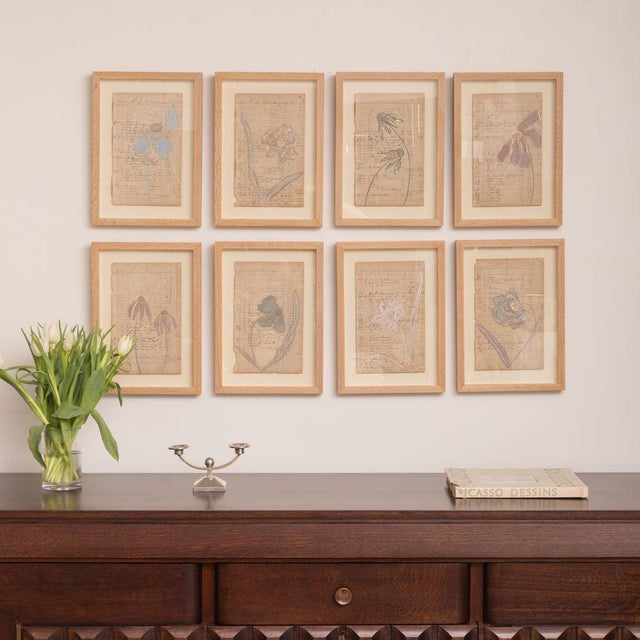 Beautiful painting on an 1800s paper by contemporary artist Afsoon Thayer. Flower motif painted with Farrow and Ball...