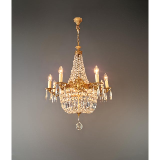 Antique Oval Crystal Chandelier Louis XVI Revival Empire Style Brass 12 Lights For Sale - Image 4 of 13