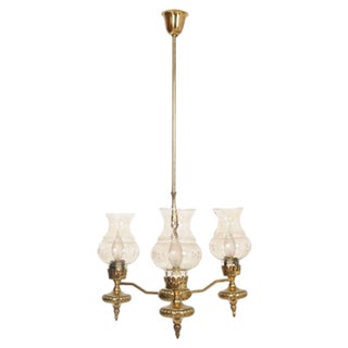 Art Deco Golden Brass and Murano Glass Chandelier with Three Lights, 1930s For Sale