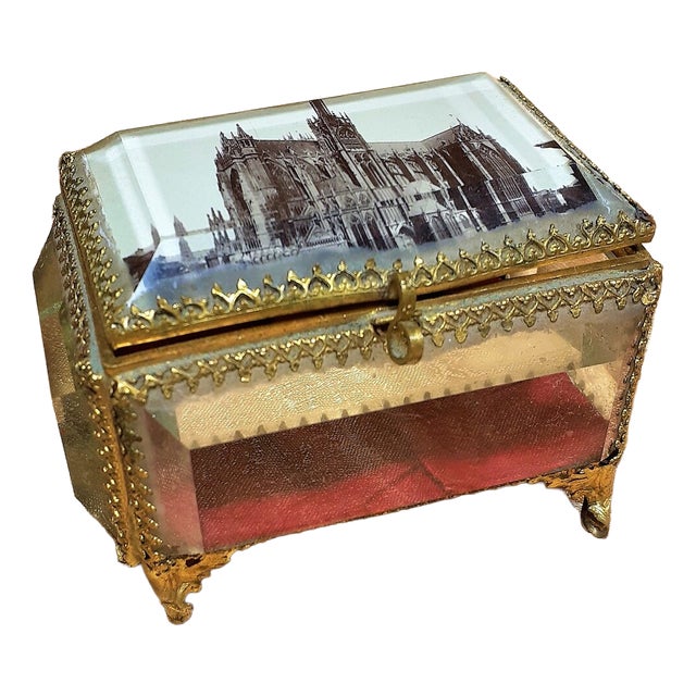 Antique Victorian Glass and Brass Jewellery Box, 19th Century For Sale