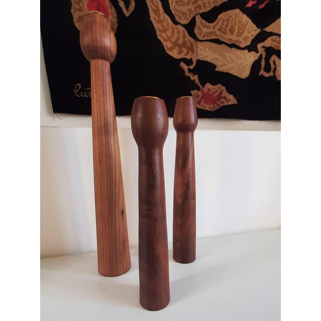 Scandinavian Teak Candlesticks with Brass Inserts, Denmark, 1960s, Set of 3 For Sale - Image 4 of 6