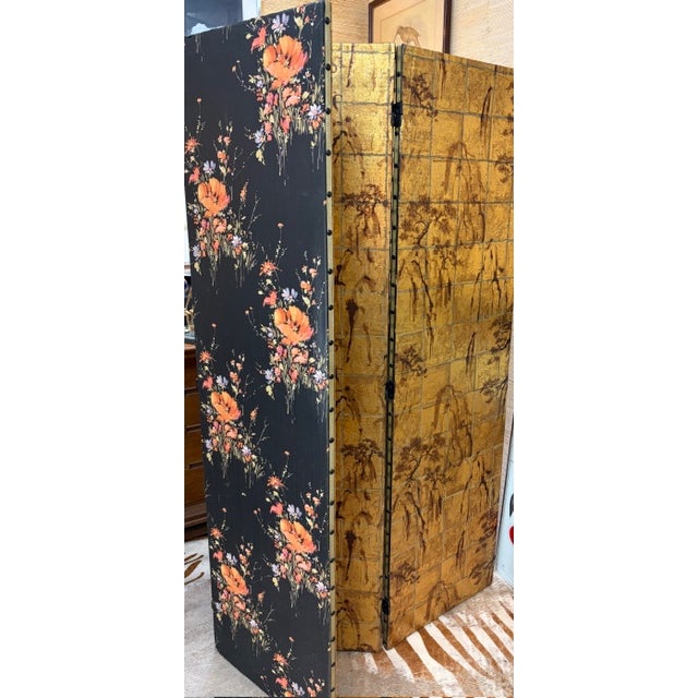 Gold Mid Century Large Wood Asian Screen in a Gold Landscape Design - Reverse Is Floral For Sale - Image 8 of 12