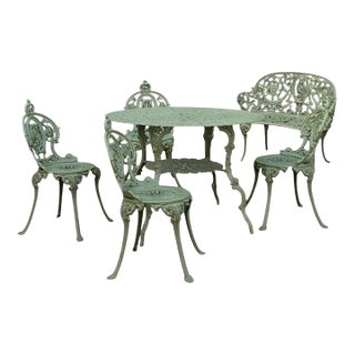 Set of Green Painted Metal Outdoor Garden Furniture: Antique Cameo Pattern, Six Pieces For Sale