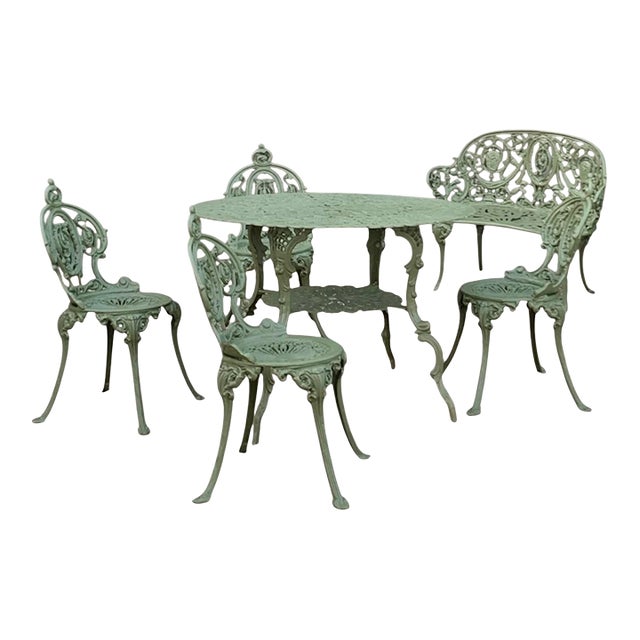 Set of Green Painted Metal Outdoor Garden Furniture: Antique Cameo Pattern, Six Pieces For Sale