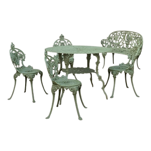 Set of Green Painted Metal Outdoor Garden Furniture: Antique Cameo Pattern, Six Pieces