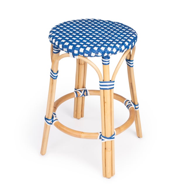 Blue Tobias 24 in. Seat Height Round Rattan Backless Counter Stool, Blue/White Dot / Natural Rattan Frame For Sale - Image 8 of 8