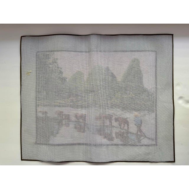 Textile Vintage Vietnamese Silk Hand Embroidery, River Landscape With Water Buffalo & Farmer, Framed For Sale - Image 7 of 8