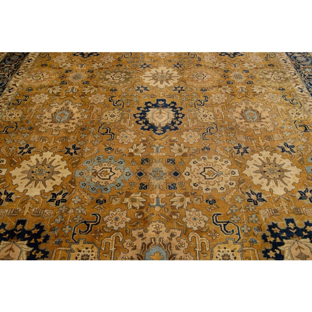 1920s Handmade Antique Tan Wool Rug Persian Tabriz Allover Design For Sale - Image 9 of 9