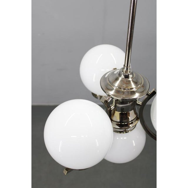 Metal Art Deco Chrome Chandelier with White Globe Shades, 1930s For Sale - Image 7 of 13