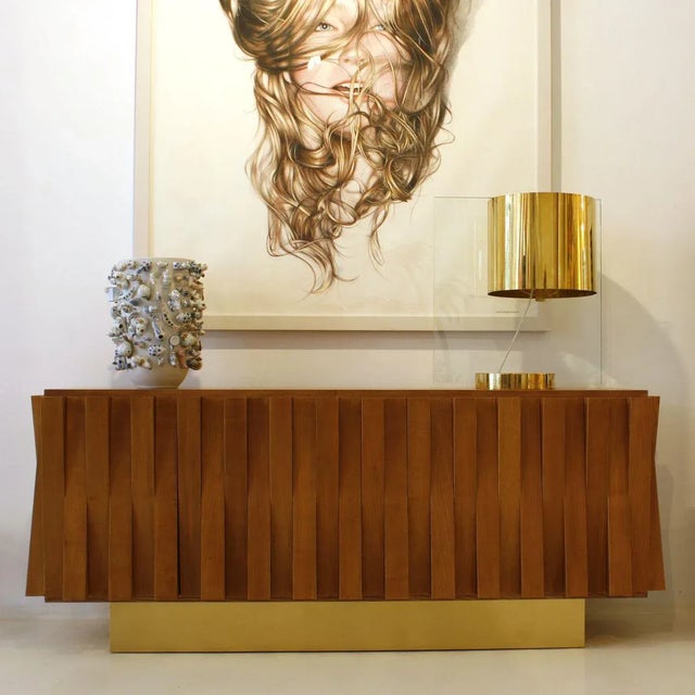 Mid Century Italian Faceted Oakwood and Brass Sideboard by L.A. Studio For Sale - Image 5 of 8