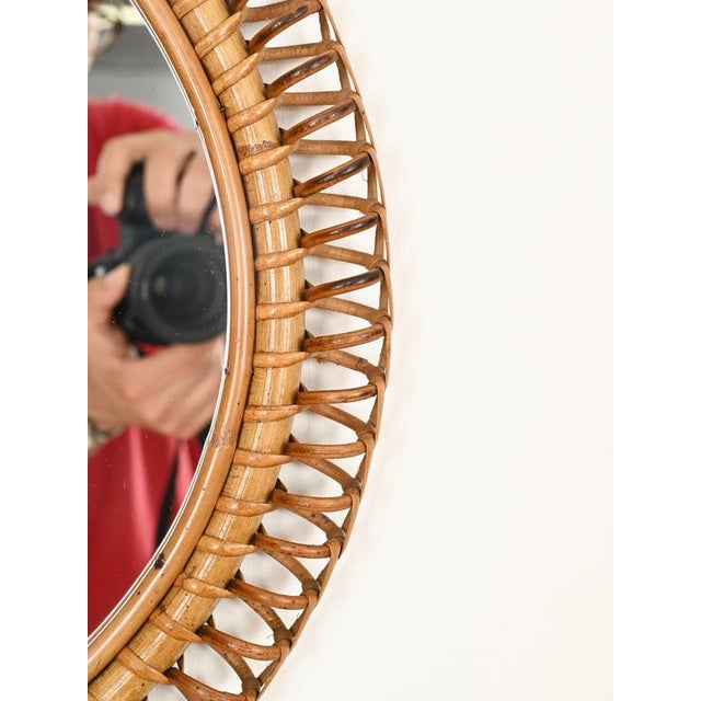 Vintage Round Spring Mirror in Bamboo with Rattan and Wicker by Franco Albini, Italy, 1960s For Sale - Image 10 of 13