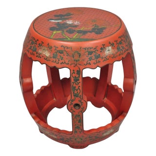 Vintage Chinoiserie Red Lacquer Plant Stand Garden Stool Drum Side Table (B) For Sale