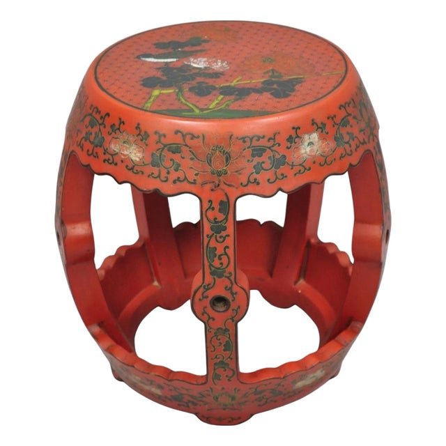 Vintage Chinoiserie Red Lacquer Plant Stand Garden Stool Drum Side Table (B) For Sale
