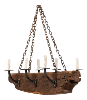 French Vintage Midcentury Rustic Wood Beam Chandelier with Six Forged Iron Arms
