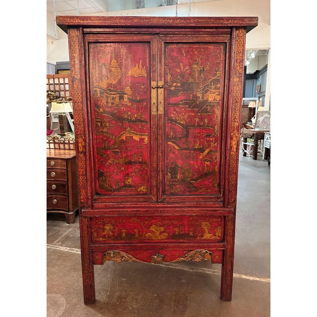 Chinoiserie Large Chinoiserie Red Lacquered Cabinet or Armoire With Gilt Accents For Sale - Image 3 of 12