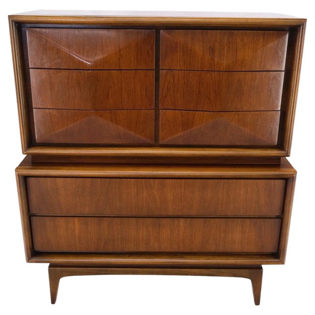 Mid-Century Modern Diamond Front Walnut 8 Drawers High Chest Dresser Cabinet For Sale - Image 13 of 13
