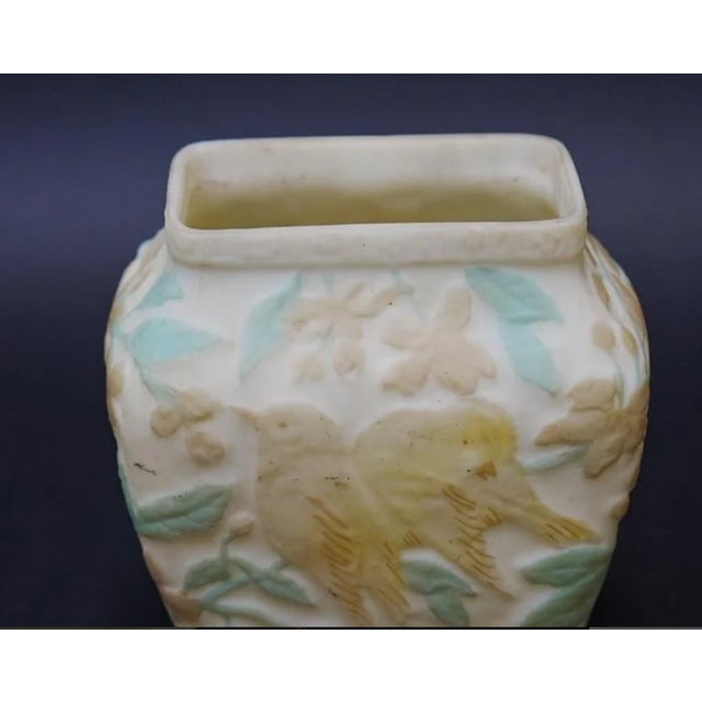 Early 20th Century Consolidated Phoenix Glass Pink Lovebirds on Cream Background Vase Mid Century For Sale - Image 5 of 6