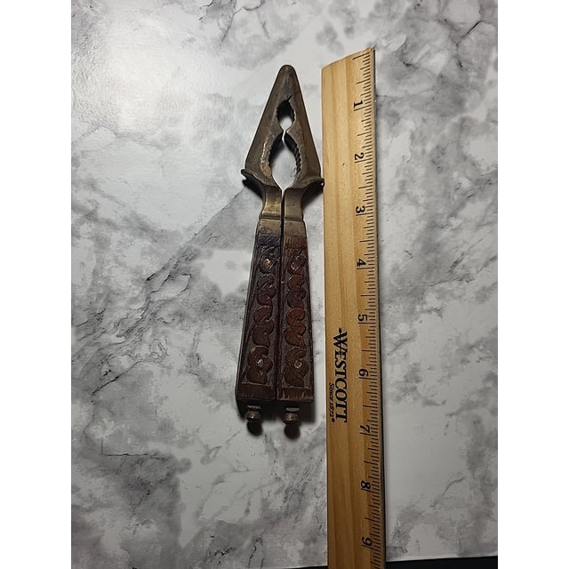 Vintage Brass Wood Carved Nut Cracker For Sale - Image 9 of 11