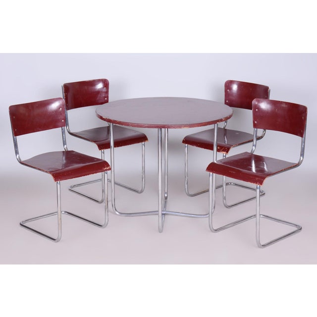 Bauhaus Czech Bauhaus Chrome Dining Table and Chairs attributed to Hynek Gottwald, 1930s, Set of 5 For Sale - Image 3 of 17